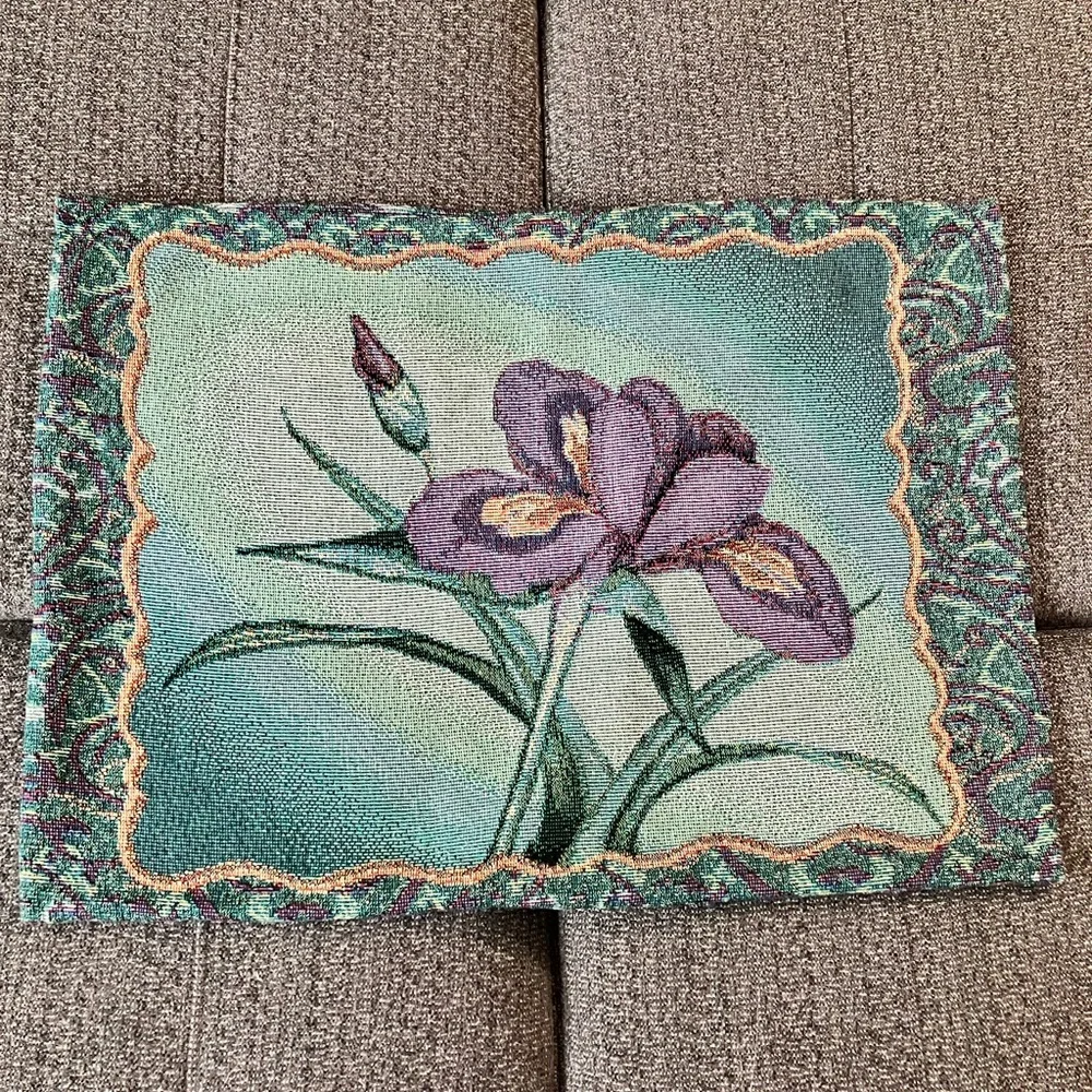Hand crafted handmade iris flower & bud bordered standard tapestry pillow cover